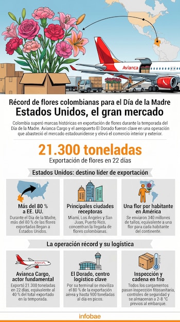 Una ilustración muestra un gran ramo de flores en una caja de cartón frente a un avión de Avianca Cargo cargando flores en cajas y un mapa de Norte y Sudamérica.