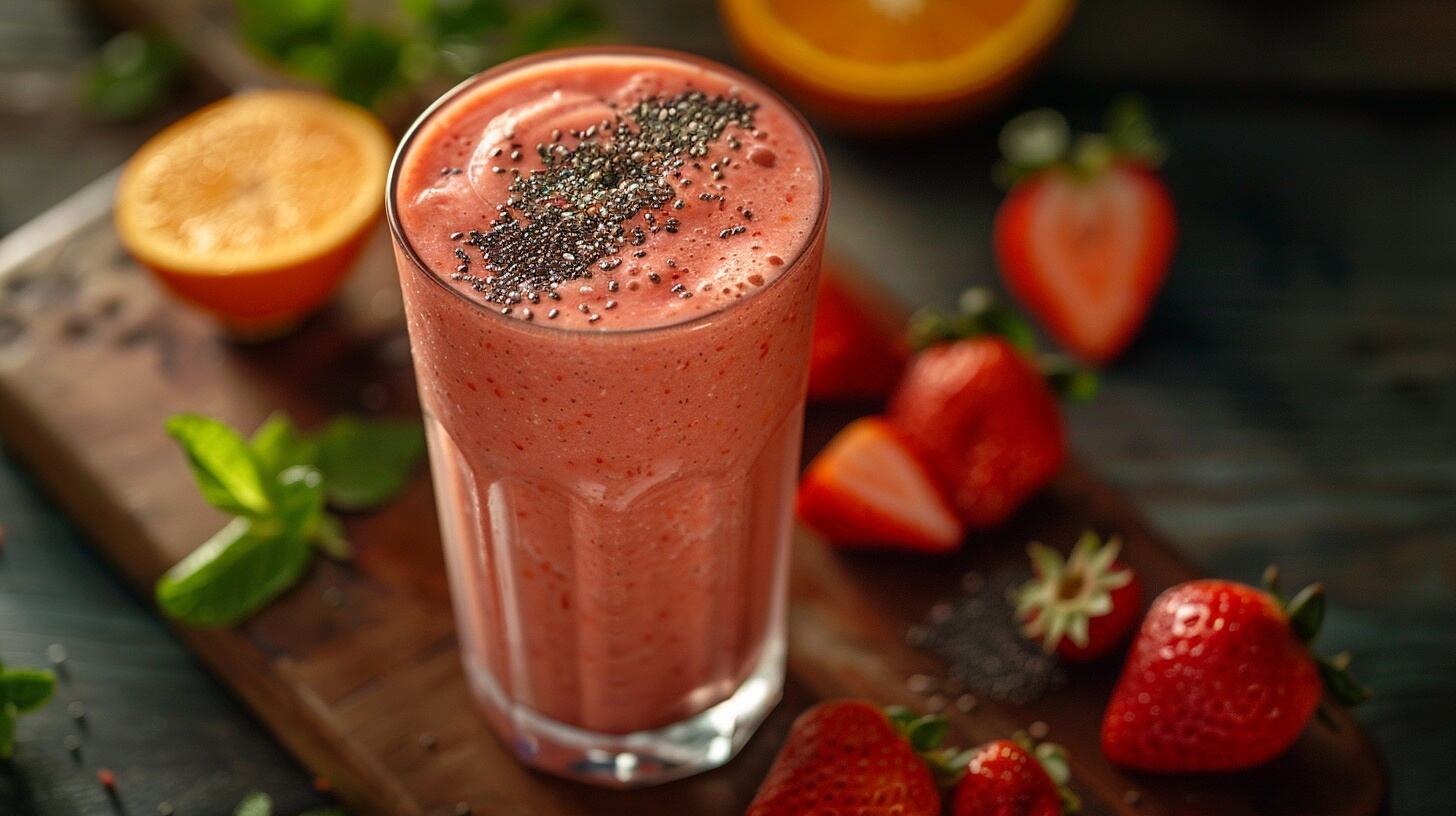 Smoothie de frutasBebida refrescanteFresas frescasJugo de naranjaChía nutritivaDesayuno energéticoLicuado detoxSaludable y refrescanteEnergía matutinaVitaminas naturalesSnack saludableBatido de frutasFibra dietéticaSalud y bienestar- (Imagen Ilustrativa Infobae)