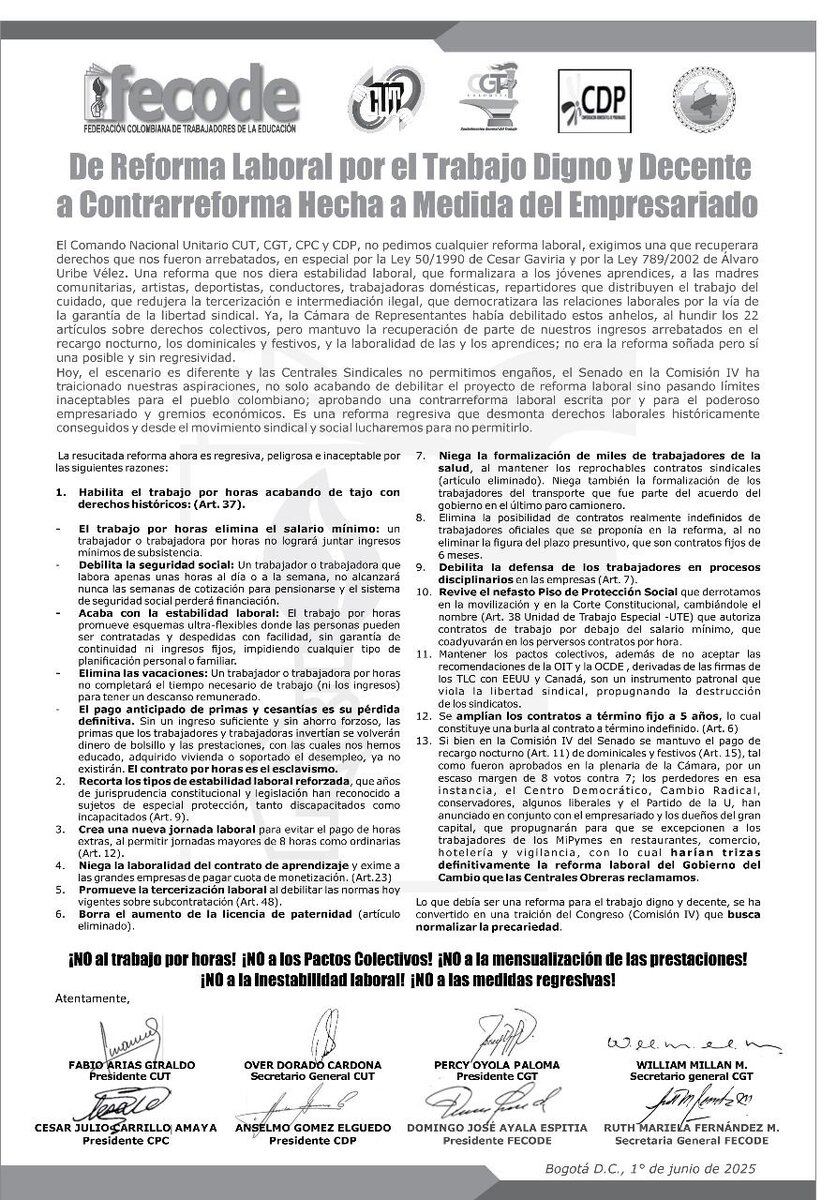 Comunicado Centrales Obreras y Sindicatos del país sobre su inconformidad con la reforma laboral en el Senado - crédito @petrogustavo/X