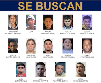 Retratos de los 14 costarricenses buscados por las autoridades. Crédito: MSP