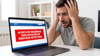 Un hombre frente a una computadora portátil sostiene su cabeza mientras en la pantalla se lee una alerta de suplantación de identidad.