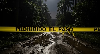 Una cinta amarilla con "PROHIBIDO EL PASO" cruza una carretera rural de tierra con charcos, rodeada de árboles bajo un cielo oscuro de noche.