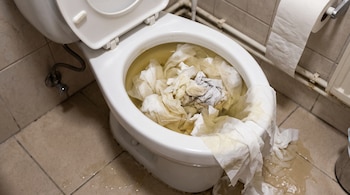 Inodoro blanco lleno de agua y exceso de papel higiénico desbordado sobre el suelo de baldosas de un baño.