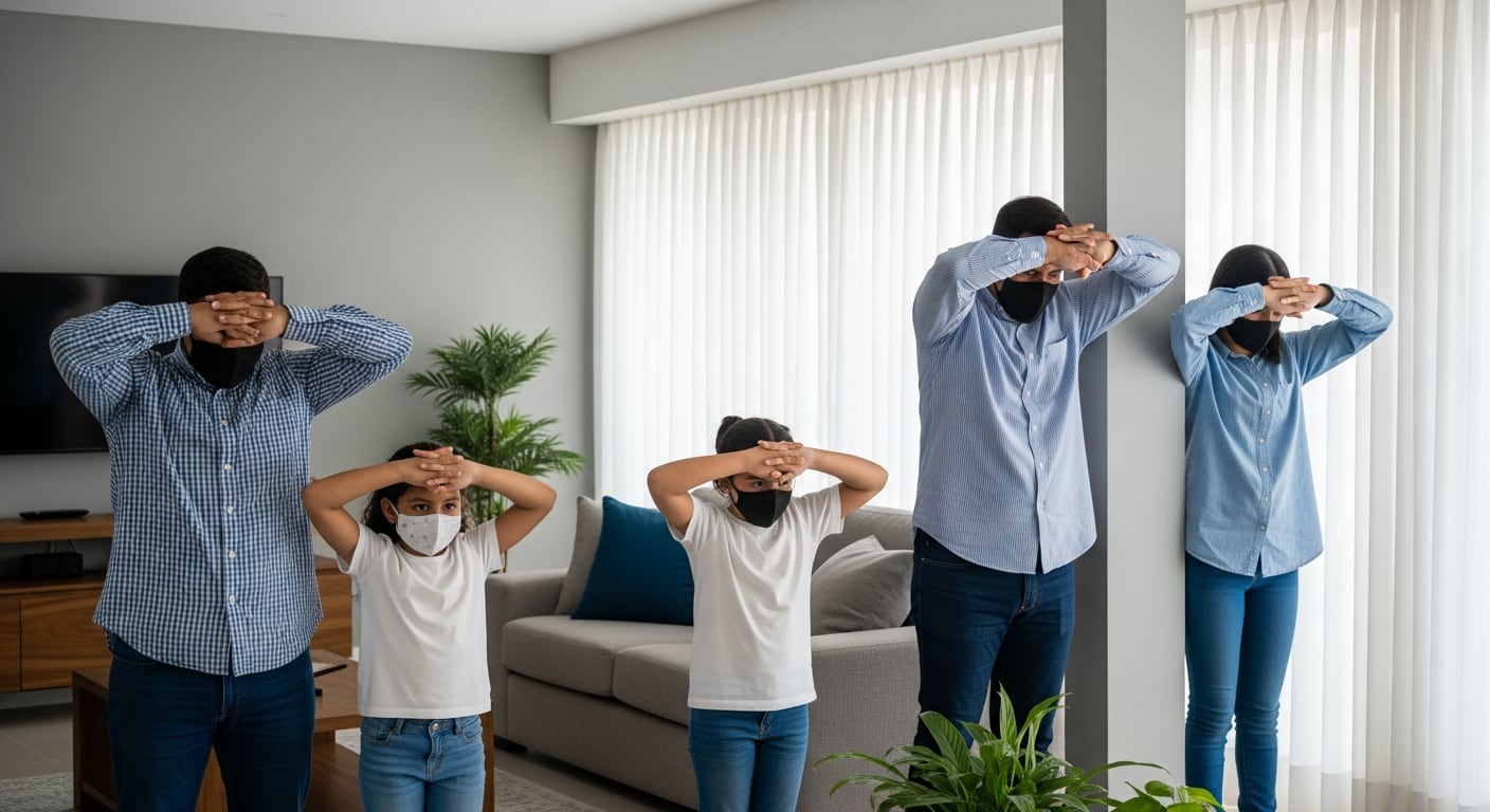 Una familia de cuatro personas con mascarillas realiza un simulacro sísmico en la sala de su casa en Lima, cubriendo sus cabezas junto a una columna. (Imagen Ilustrativa Infobae)