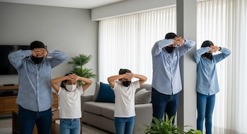 Dos adultos y dos niños con mascarillas se cubren la cabeza con los brazos, de pie junto a una columna en una sala con un sofá y plantas.
