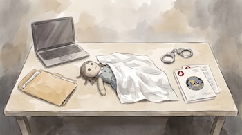 Laptop cerrada, sobre con archivos, muñeca cubierta con tela blanca, esposas abiertas y documentos con el logo de la Oficina de Investigación de Luisiana sobre una mesa.