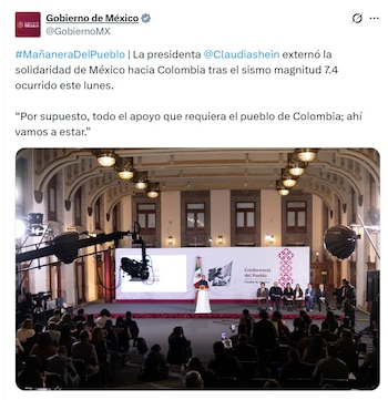 Claudia Sheinbaum, presidenta de México, dijo que Colombia tiene todo el apoyo de dicho país ante al situación - crédito @GobiernoMX/X