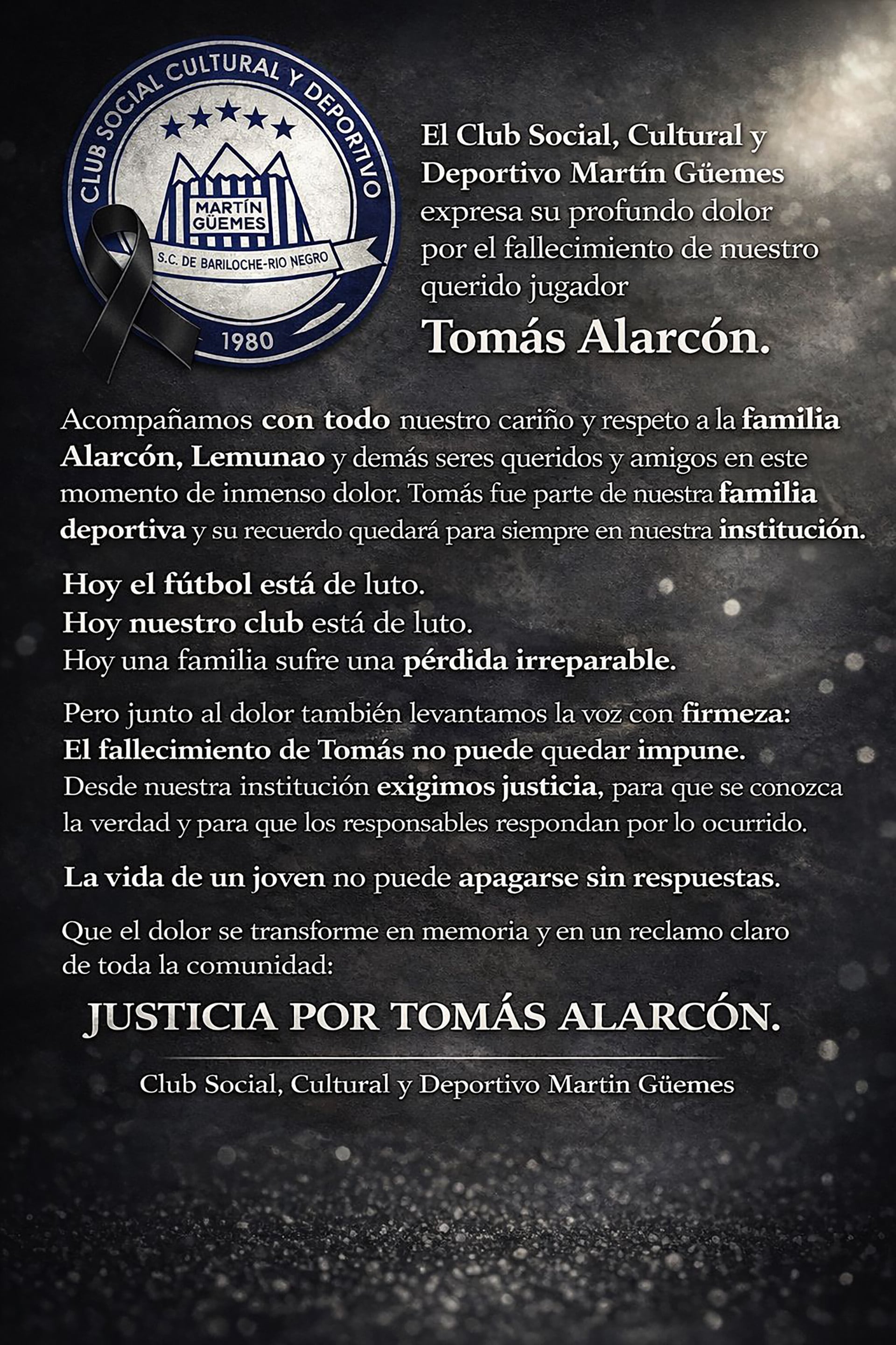 Un póster del Club Social, Cultural y Deportivo Martín Güemes expresa profundo dolor y exige justicia por el fallecimiento de su jugador Tomás Alarcón