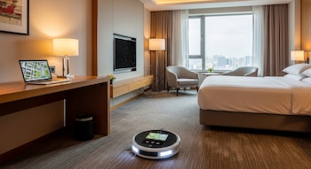 Una aspiradora robot inteligente limpia el suelo alfombrado de una lujosa habitación de hotel con cama, escritorio con laptop, televisor y vista a la ciudad.
