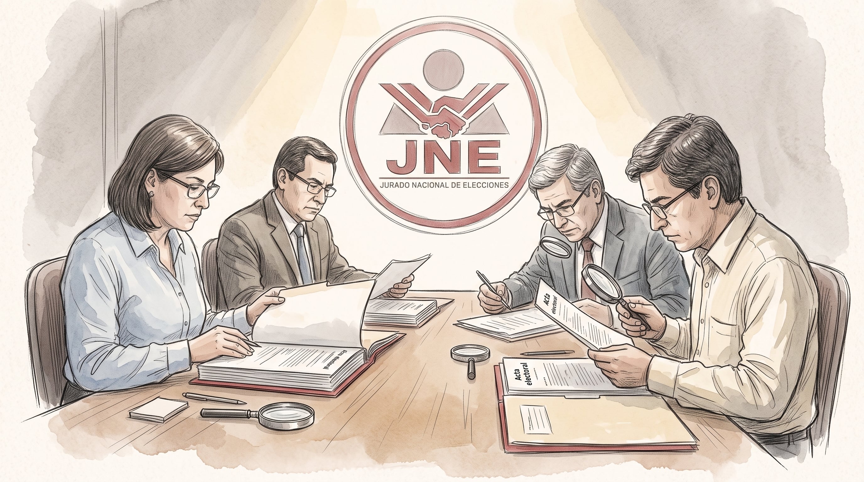 Cuatro miembros de un Jurado Electoral Especial examinan documentos y actas oficiales junto al logotipo del Jurado Nacional de Elecciones. (Imagen Ilustrativa Infobae)