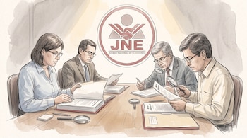 Ilustración de cuatro personas sentadas a una mesa que revisan actas electorales con lupas, bajo el símbolo del Jurado Nacional de Elecciones.