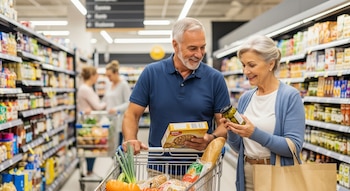 Un hombre y una mujer adultos mayores, con un carrito de compras, observan productos en un pasillo de supermercado. Hay estantes llenos de artículos.