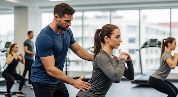 Hombre entrenador corrige la postura de una mujer que realiza sentadillas en un gimnasio con otras personas al fondo.