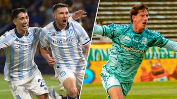 Composición fotográfica con dos futbolistas de Racing Club a la izquierda y un jugador con uniforme verde de Aldosivi a la derecha