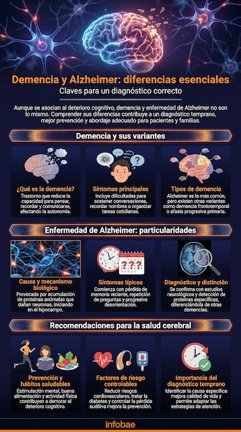 Infografía detallada sobre Demencia y Alzheimer con ilustraciones del cerebro, neuronas, personas haciendo ejercicio, alimentación saludable y símbolos médicos.