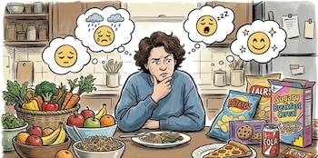 Persona en cocina con alimentos saludables (frutas, verduras) y ultraprocesados (pizza, papas fritas, cereal). Burbujas de pensamiento con emojis de tristeza, cansancio y felicidad
