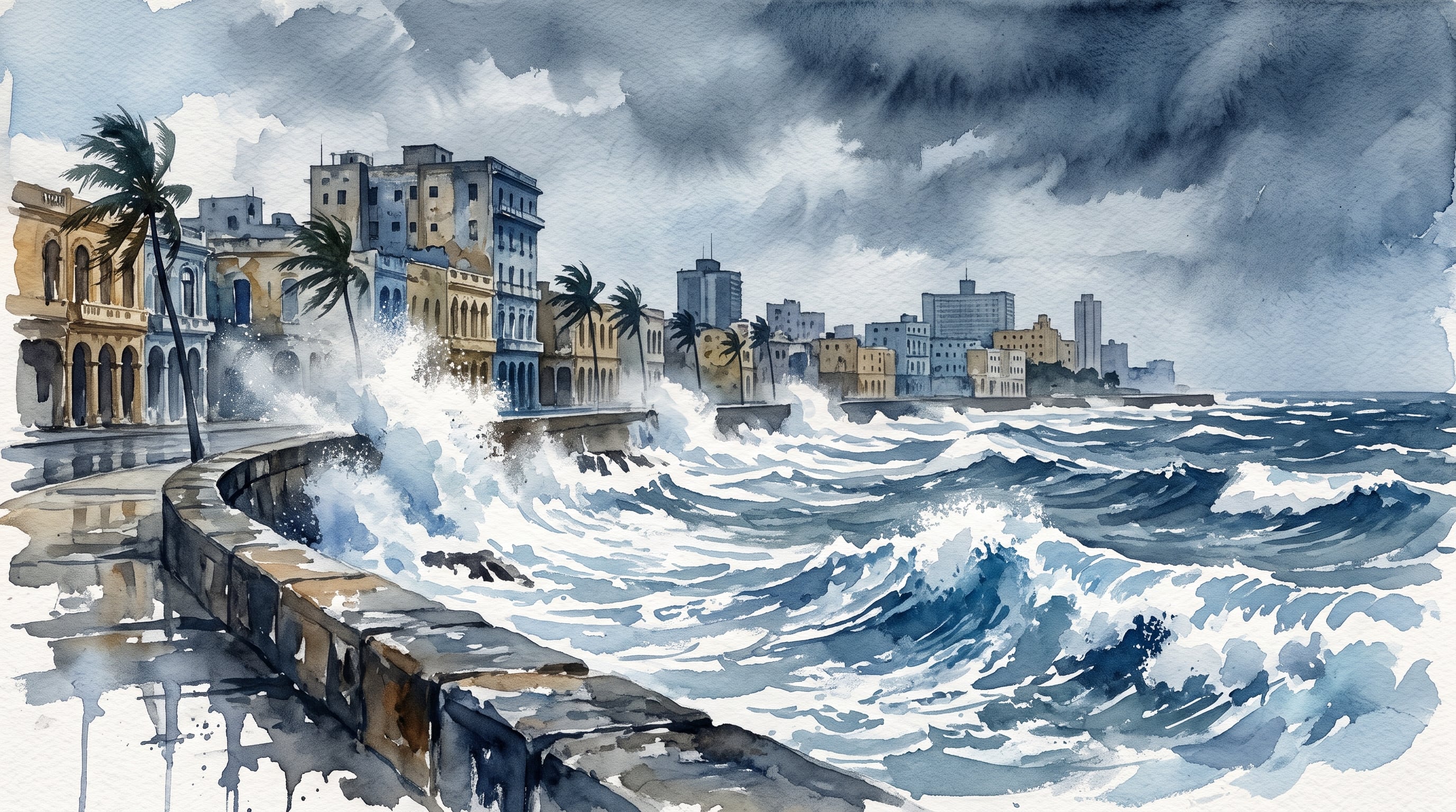 Una ilustración en acuarela recrea el oleaje generado por un frente frío contra el muro del Malecón de La Habana. (Imagen Ilustrativa Infobae)
