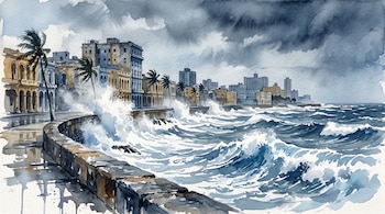 Acuarela de olas marinas que rompen contra un muro de piedra junto a edificios urbanos, palmeras inclinadas y un cielo cubierto de nubes grises.