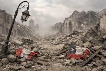 Una calle en ruinas con escombros de edificios derrumbados, una farola torcida y banderas de Perú y Chile entre los restos, con polvo en el aire.