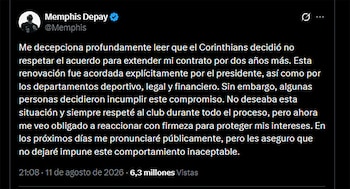 Captura de pantalla de un tweet de Memphis Depay con su perfil y un comunicado sobre el incumplimiento de un acuerdo contractual