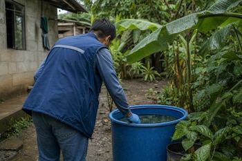 Un hombre con chaleco azul y guantes introduce la mano en un barril de plástico con agua en un patio rodeado de plantas.