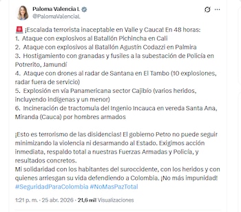 La candidata Paloma Valencia señaló al Gobierno Petro de minimizar la violencia que están ejerciendo los grupos armados en el país, por escalada territorista en Cauca - crédito @PalomaValenciaL/X