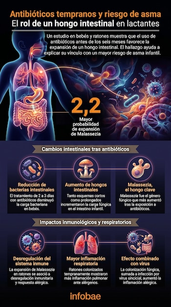 Infografía: cuerpo de lactante, intestinos, pulmones, microorganismos bacterianos y fúngicos. Detalla el impacto de antibióticos en la microbiota y el asma. Infobae.