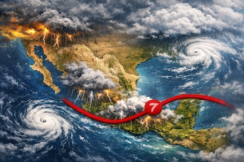 Vista satelital de México y Centroamérica con tormentas, relámpagos y nubes densas; una trayectoria roja con el número 7 indica la Onda Tropical.