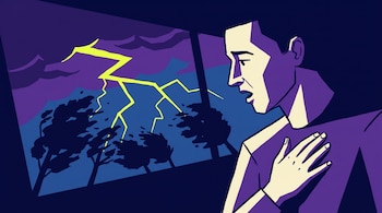 Ilustración de una persona con la mano en el pecho junto a una ventana que muestra una tormenta nocturna con árboles inclinados y un rayo.