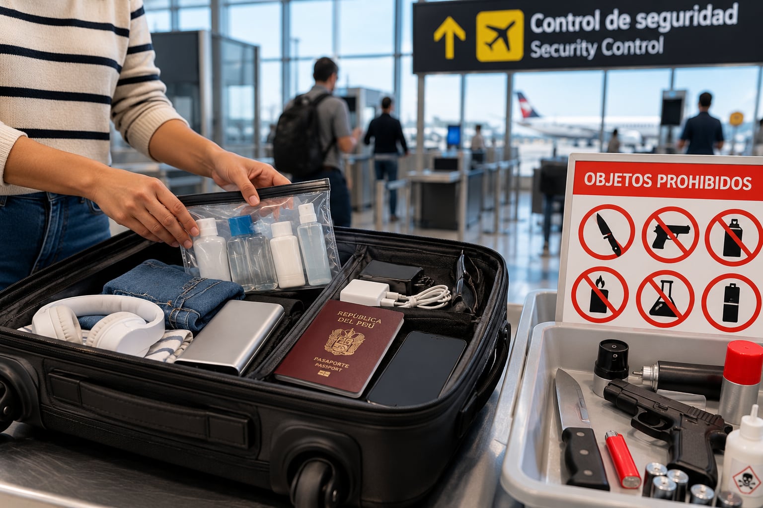 Una viajera organiza frascos en su maleta de mano junto a una bandeja de objetos prohibidos en el control de seguridad del Aeropuerto Internacional Jorge Chávez. (Imagen Ilustrativa Infobae)