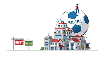 Ilustración: Un balón de fútbol gigante con el logo FIFA World Cup 2026 aplasta edificios y casas. Un hombre está sentado en el balón. Hay carteles de 'RENT' y 'SALE'.