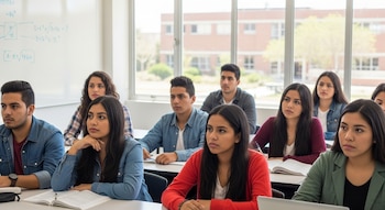 Grupo de estudiantes latinos jóvenes y adultos en un aula moderna con grandes ventanas, sentados en escritorios y prestando atención.