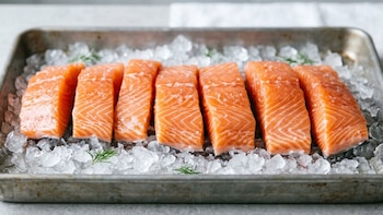 Siete filetes de salmón de color naranja intenso y textura brillante, dispuestos sobre hielo picado en una bandeja de metal gris con un fondo blanco borroso