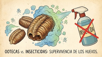 Ilustración de tres ootecas de cucarachas marrones y un pulverizador tachado con una X roja que rocía un líquido verdoso, con calaveras flotando.