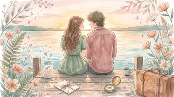 Ilustración en acuarela de una mujer y un hombre sentados en un muelle al atardecer frente a un lago. Se ven flores, una brújula, una taza, una maleta y un frasco con corazones.
