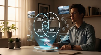 Un joven de camisa azul claro interactúa con una interfaz holográfica brillante sobre una mesa blanca, mostrando diagramas de Ikigai e imágenes de paisajes.