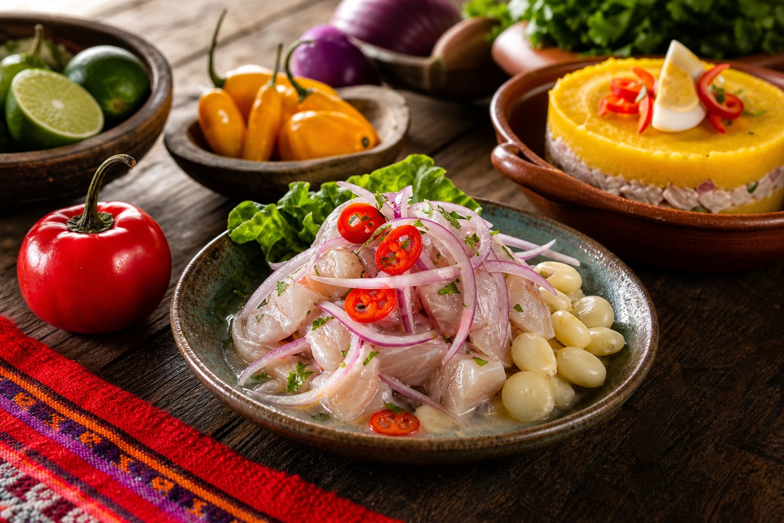Un plato de ceviche de pescado blanco y una causa limeña representan la tradición culinaria en la conmemoración de la Semana de la Cocina Peruana. (Imagen Ilustrativa Infobae)