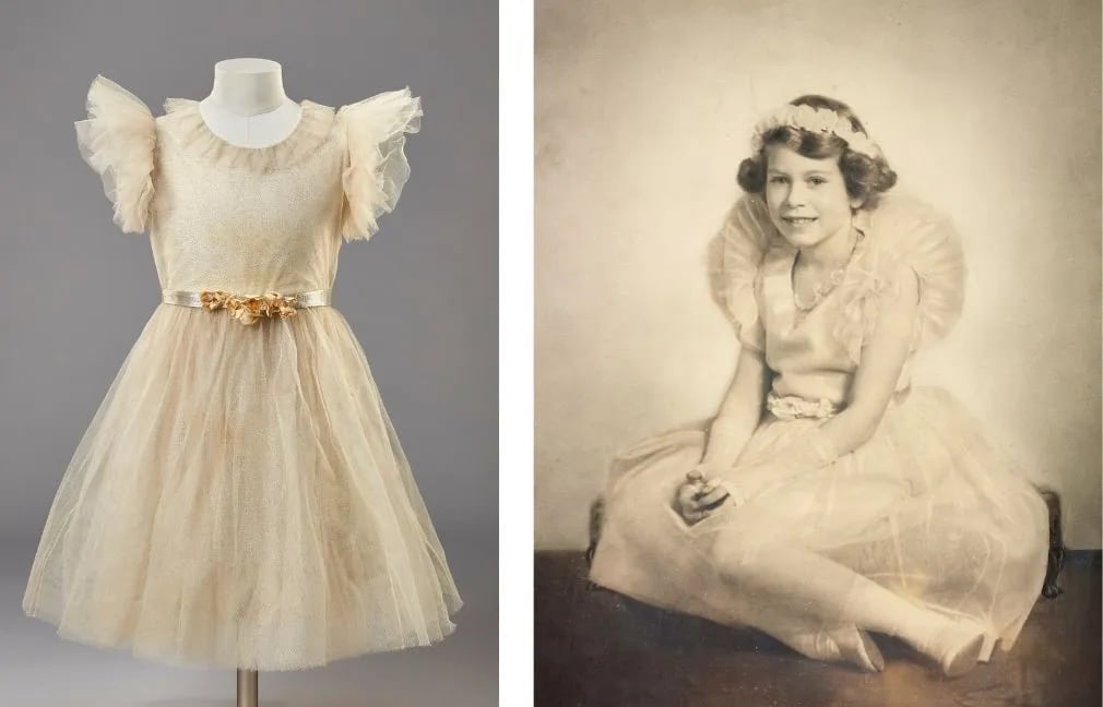 El vestido de dama de honor diseñado por Edward Molyneux; a la derecha, una imagen de Isabel II de niña, conocida entonces como la princesa Isabel de York, fotografiada por Elliott & Fry en 1934