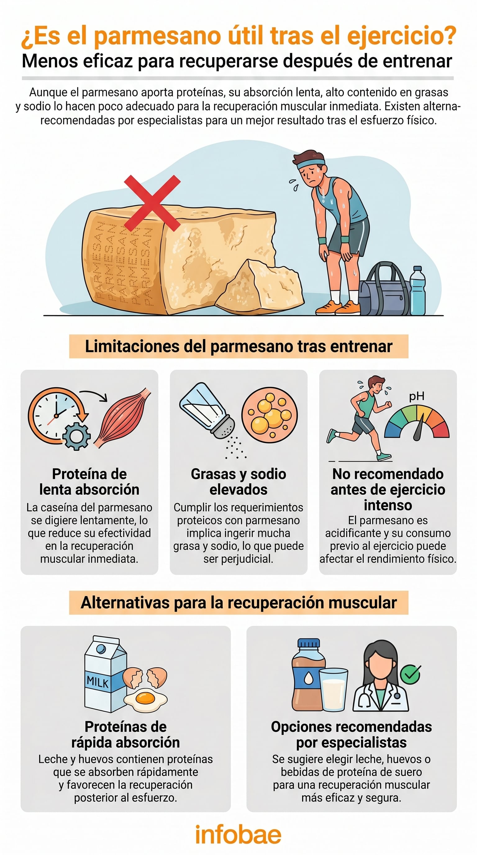 Consumir 55 gramos de parmesano para aportar la proteína recomendada tras el ejercicio suma también 16 gramos de grasas, lo que puede afectar una dieta enfocada al rendimiento deportivo (Imagen Ilustrativa Infobae)