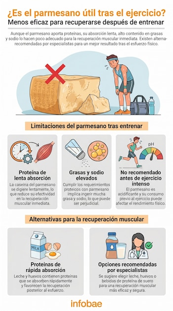 Infografía con deportista cansado, queso parmesano tachado, y explicaciones sobre sus limitaciones y alternativas para la recuperación muscular.