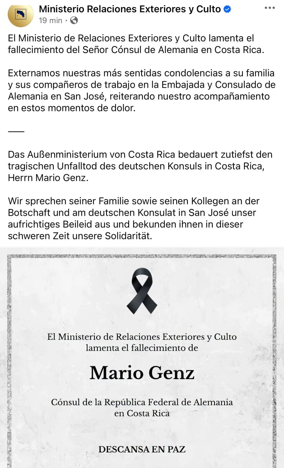 muerte del cónsul de Alemania en Costa Rica.