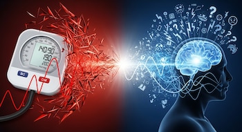 Medidor de presión arterial digital, cerebro humano, símbolos de interrogación, rayos, rostros y reloj, luz y formas triangulares rojas