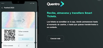 Un teléfono móvil con una entrada digital que incluye un código QR junto al logotipo y texto promocional de la aplicación Quentro