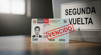 Un DNI peruano con una estampa roja de 'VENCIDO' sobre un fondo borroso que muestra un cartel blanco con el texto 'SEGUNDA VUELTA'.