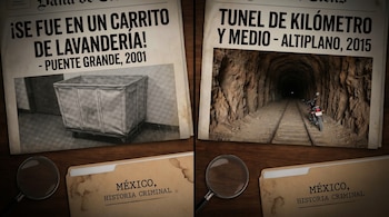 Dos periódicos antiguos, lupa y dos carpetas con la inscripción "México, Historia Criminal". Un periódico muestra un carrito de lavandería, el otro un túnel y una motocicleta.