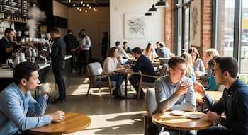 Dos hombres conversan en primer plano dentro de una cafetería. Otros clientes ocupan mesas, baristas preparan bebidas en la barra. Hay luz natural.