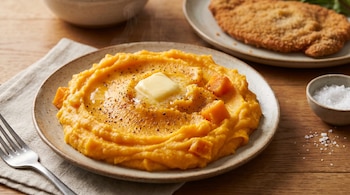 Un plato de puré de zapallo naranja brillante, humeante con mantequilla derretida y pimienta negra. Al fondo, una milanesa. Un tenedor y sal en una mesa de madera.
