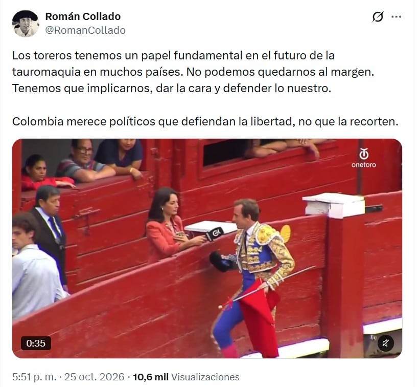 Collado compartió el fragmento de la entrevista que concedió luego de la faena que ofreció el domingo 25 de octubre en Lima - crédito @RomanCollado/X