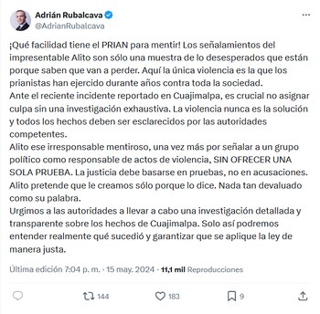 Adrián Rubalcava defiende a Morena