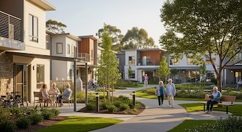 Un complejo residencial con edificios modernos, senderos curvos, árboles, arbustos, y varias personas mayores conversando, caminando o leyendo al aire libre.